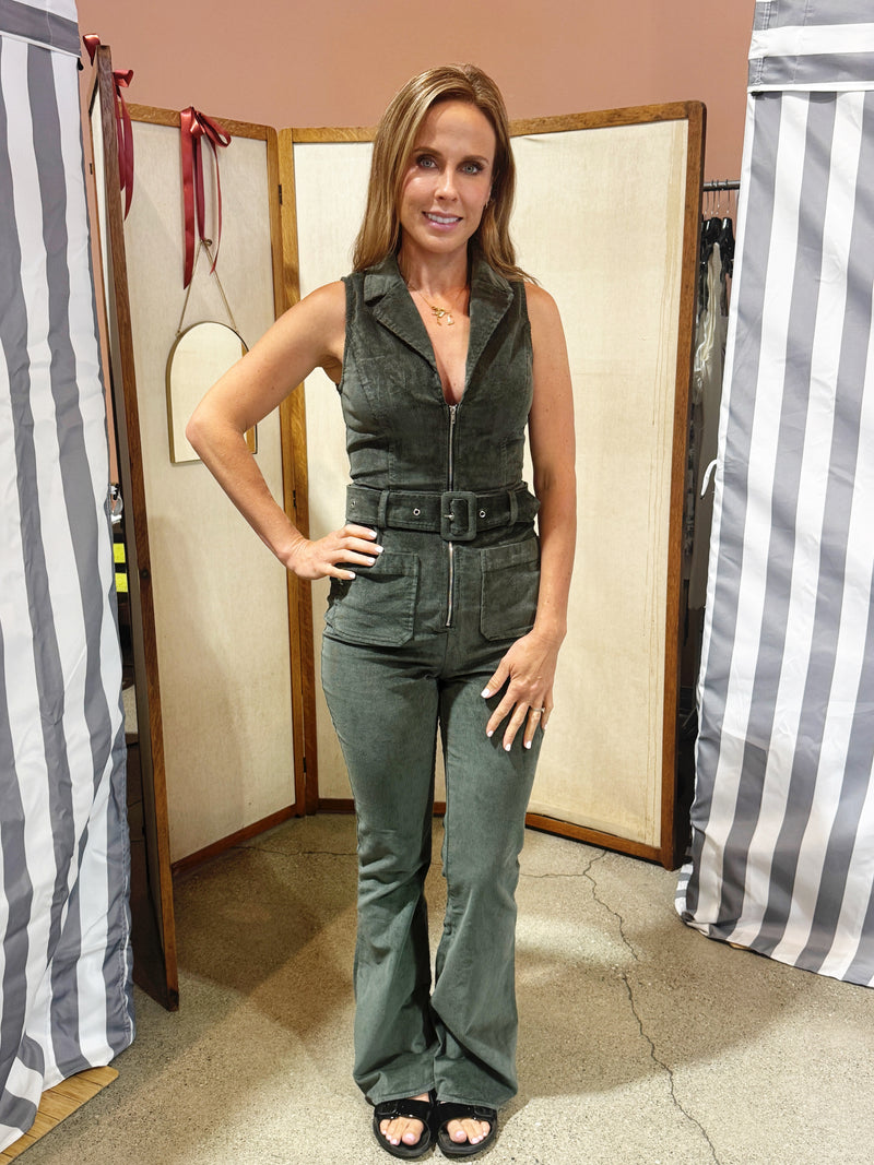 Needii Sleeveless Corduroy Jumpsuit W/ Belt- Seafoam