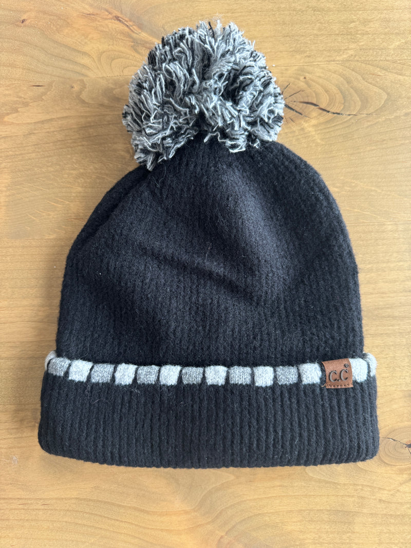 CC Pom Printed Trim Beanie- Black/Gray