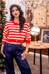 Candy Cane Striped Button Front Cardigan- Cherry/Cream