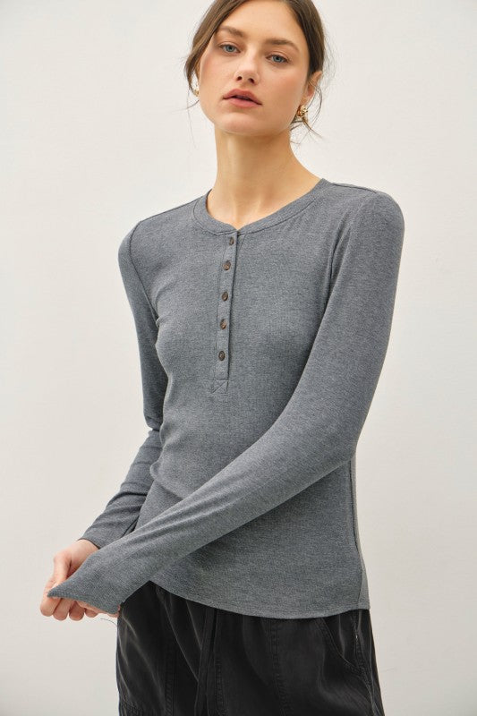 Layer It Up Long Sleeve Ribbed Henley Top - Gray