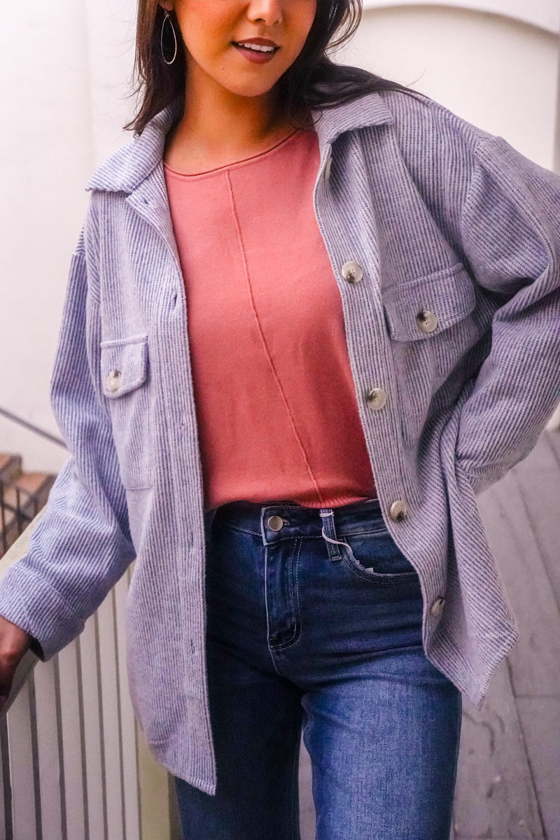 Waffle Cone Knit Button Front Shacket- Sky