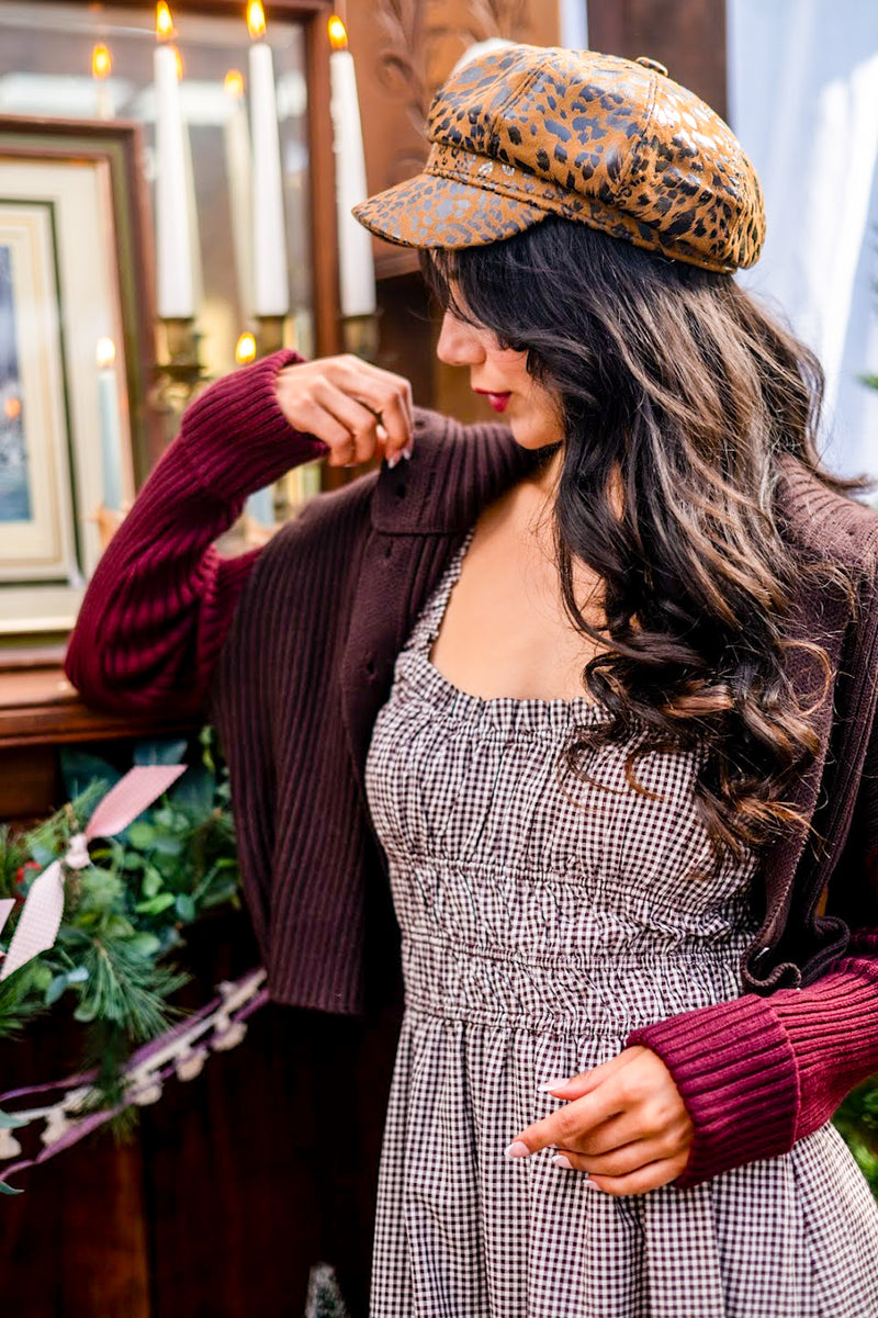 Raspberry Swirl Button Down Ribbed Mock Neck Cardigan Contrast Sleeve-Chocolate/Cherry