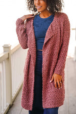 Frosted Berry Bliss Open Front Popcorn Knit Cardigan- Clay