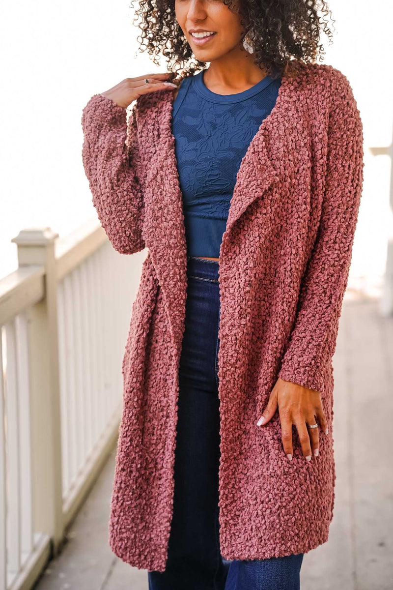 Frosted Berry Bliss Open Front Popcorn Knit Cardigan- Clay