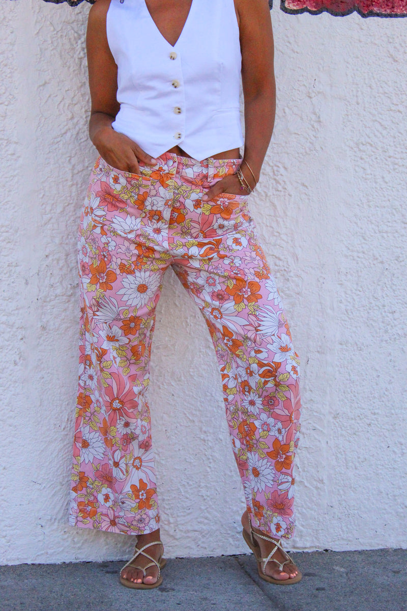 Summer Elixir Floral Wide Leg Denim Pant - Peach/Multi