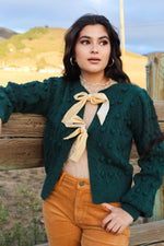 Velvet Sugar Ribbon Bow Detail Textured Cardigan - Emerald/Tan