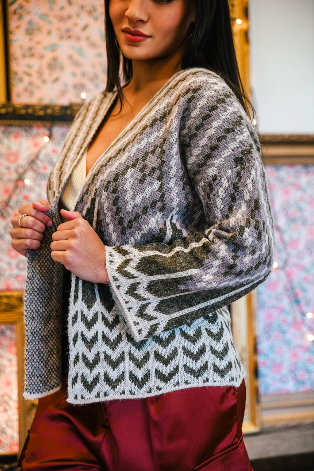 Cozy On Up Print Knit Cardigan - Taupe/Multi