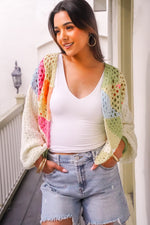 Radiate Positivity Crochet Cropped Cardigan- Ivory/Multi