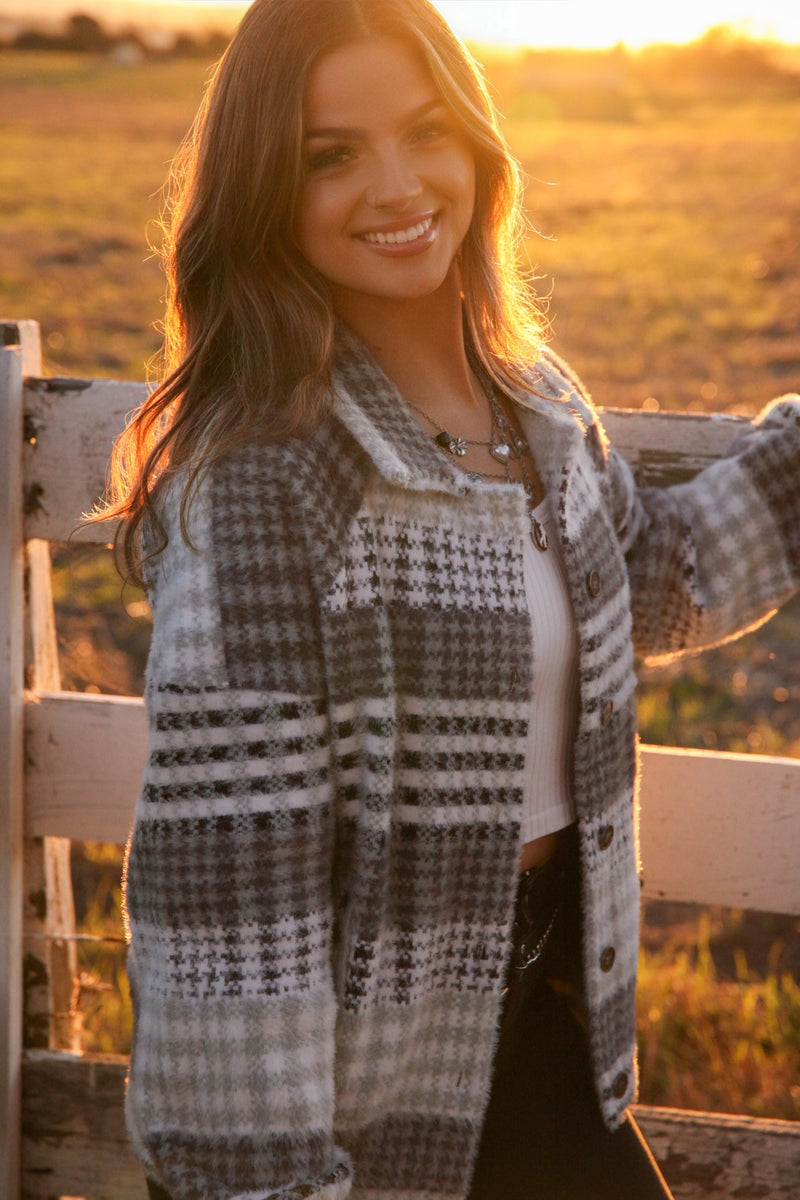 Silver Dusk Plaid Button Down Jacket- Gray/Ivory