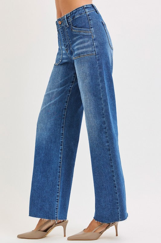 Risen Jeans Raw Hem Wide Leg Denim Pants - Dark Wash