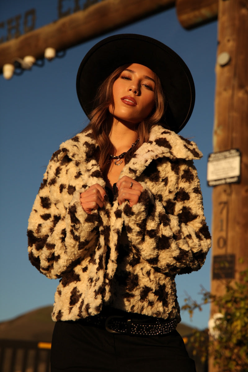 Western Charm Cow Print Faux Fur Coat - Black/White