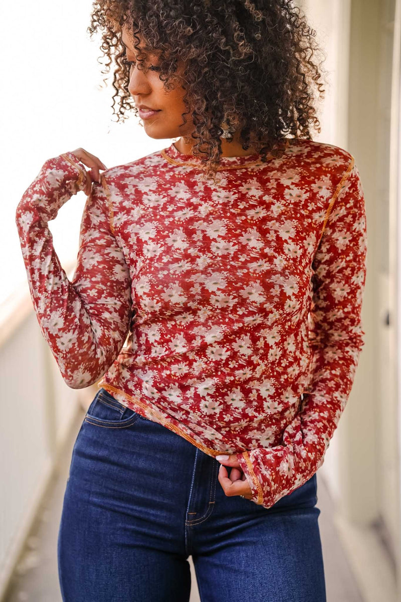 Floral Frenzy Mesh Long Sleeve Top-Rust