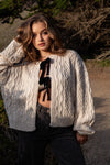 Oyster Bay Front Tie Velvet Bow Cardigan Sweater- Oatmeal/Black