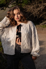 Oyster Bay Front Tie Velvet Bow Cardigan Sweater- Oatmeal/Black