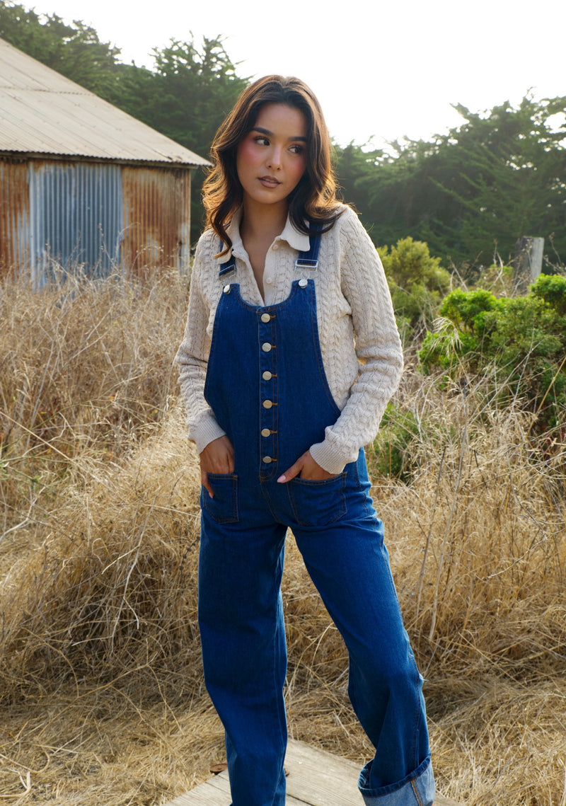 Risen Button Down Ankle Leg Wide Cuffed Overalls- Indigo