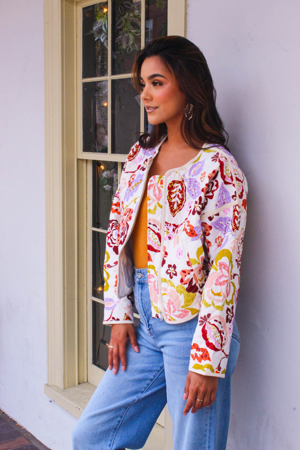 Bloom in Bliss Floral Print Quilted Zip Up Jacket - Ivory/Multi