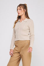 Fall Favorite Cable Knit Button Down Sweater Collar- Sand