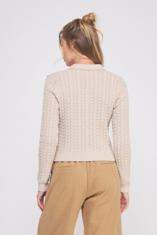 Fall Favorite Cable Knit Button Down Sweater Collar- Sand
