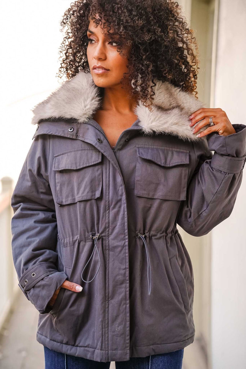 Baby It’s Cold Outside Fur Collar Parka Jacket- Gray