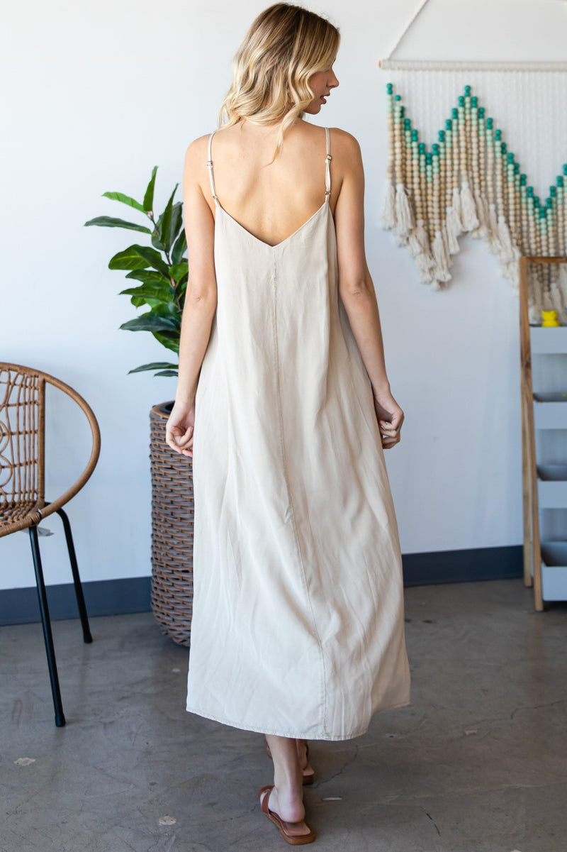 Honey Draped Spaghetti Strap Button Up Dress - Taupe