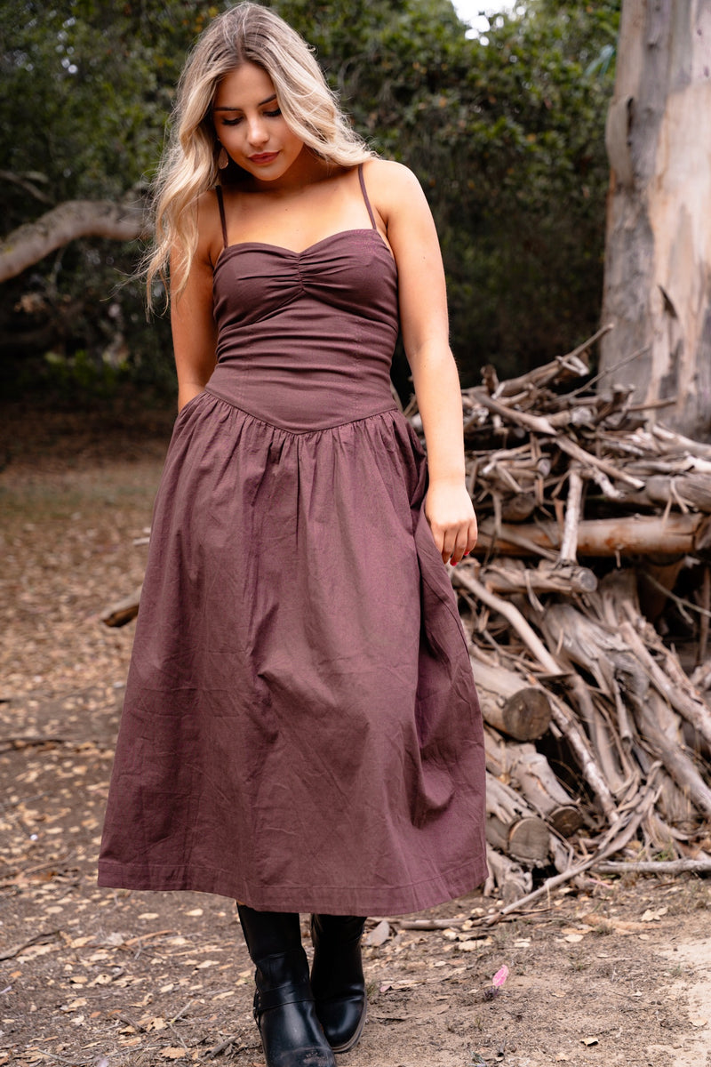 Rustic Romance Spaghetti Strap Dress- Chocolate