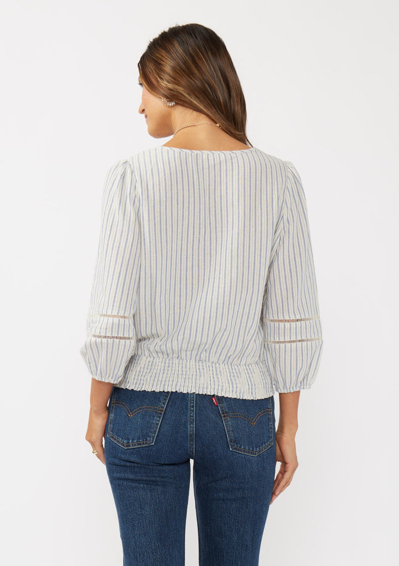 Bluebell Breeze Embroidered Floral Stripe Blouse- Navy/Natural