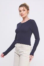 Something Sweet Pointelle Henley Sweater Scallop Edge- Navy