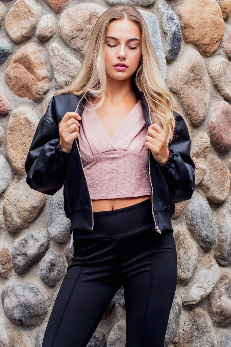 Sleek and Sexy Faux Leather Bomber Jacket - Black