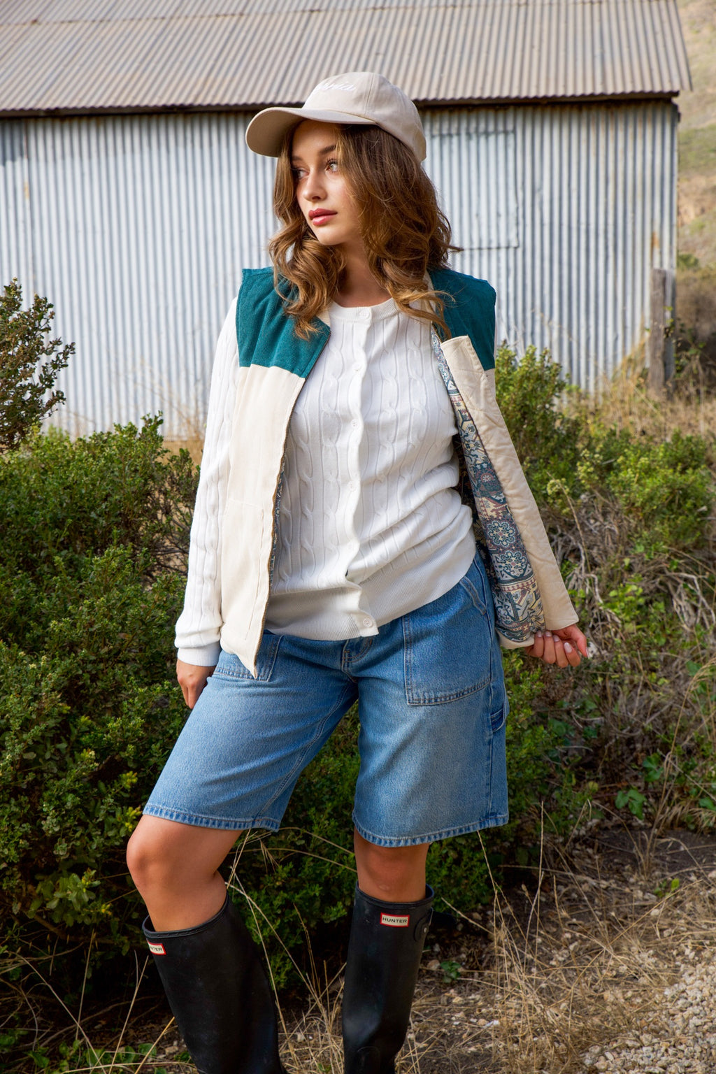 Going Places Color Block Corduroy Vest/Patterned Contrast-Jade/Ecru