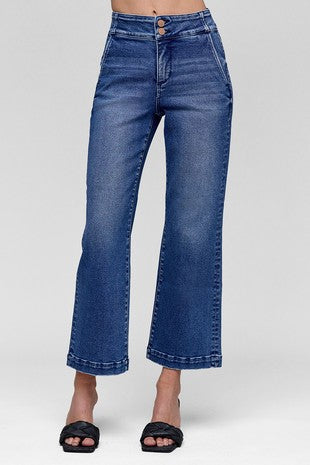 Risen Tummy Control High Rise Crop Boot Cut Jeans- Dark