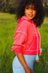 Ride the Wave Raw Hem Hooded Crop Pullover - Vintage Red