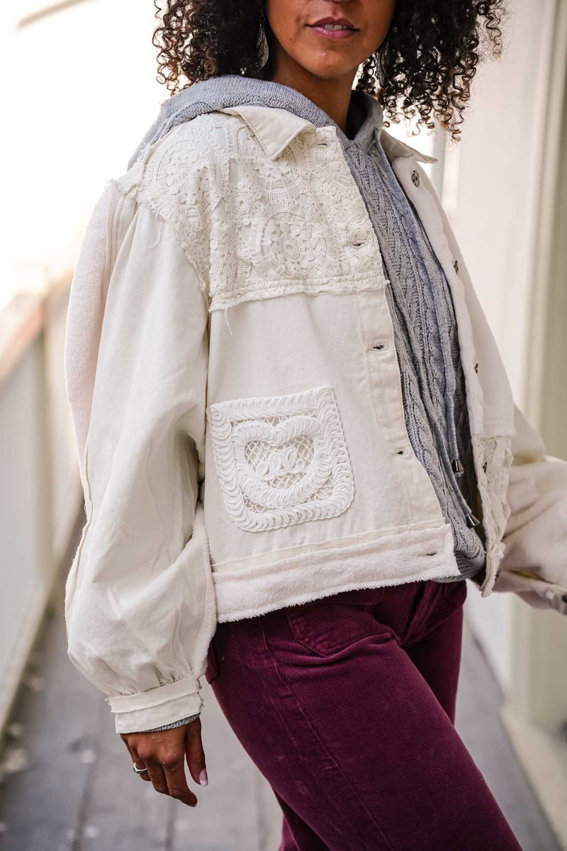 Sweet As Can Be Button Front Shacket Lace + Fleece- Oatmilk