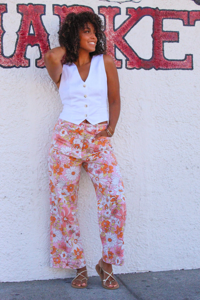 Summer Elixir Floral Wide Leg Denim Pant - Peach/Multi