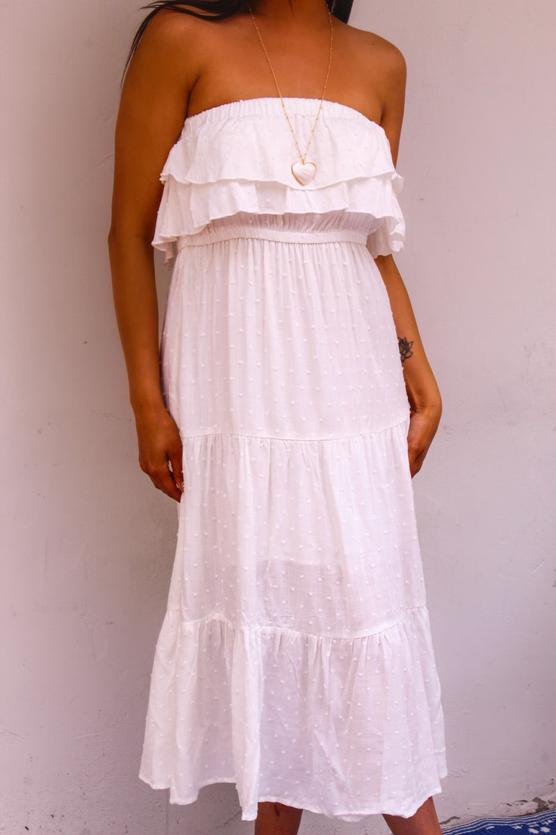 Sweet Like Summer Strapless Ruffle Tiered Midi Dress - White
