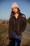 Emory Park Button Front Flap Collar Novelty Cardigan- Chocolate/Blue
