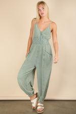 Coastal Cruising Spaghetti Strap V-Neck Muslin Jumpsuit- Sage