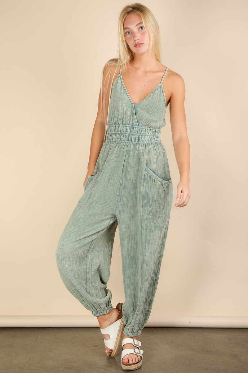 Coastal Cruising Spaghetti Strap V-Neck Muslin Jumpsuit- Sage