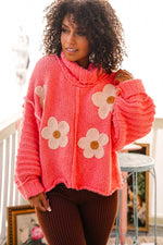 Misty Meadows Cozy Cropped Turtleneck Sweater W/ Floral- Coral