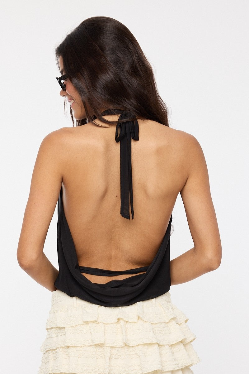 Afterdark Cowl Neck Open Back Halter Top- Black