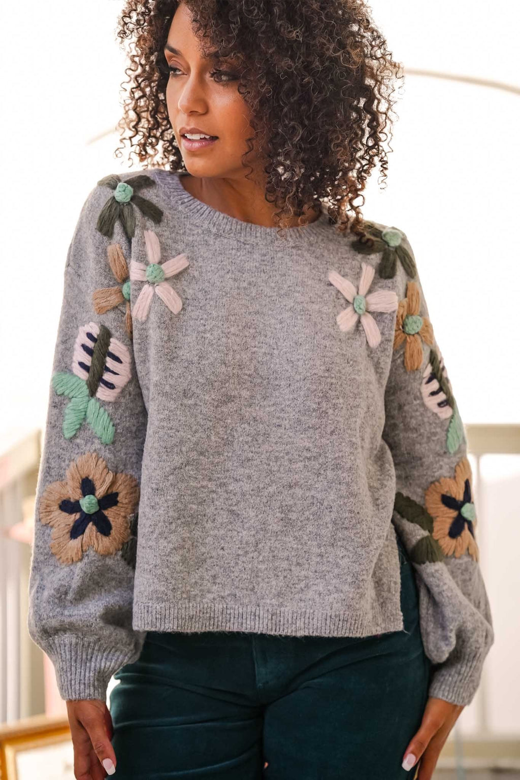 Winter Blooms Pullover Floral Embroidered Sweater- Gray