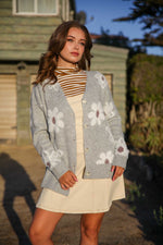 In Bloom Floral Print Eyelash Cardigan- Heather Grey