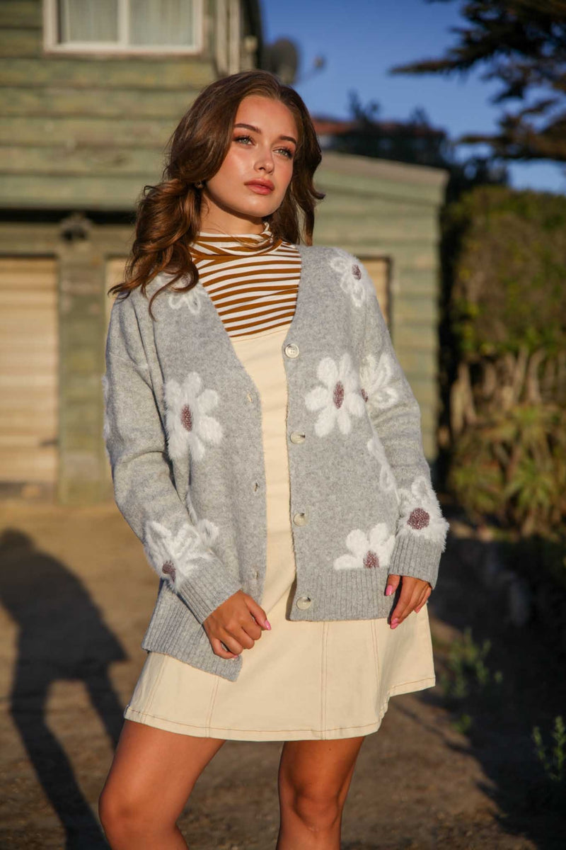 In Bloom Floral Print Eyelash Cardigan- Heather Grey