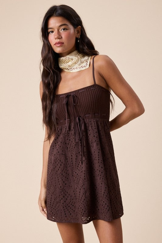 Espresso Daydream Eyelet Dress Knit Contrast- Chocolate