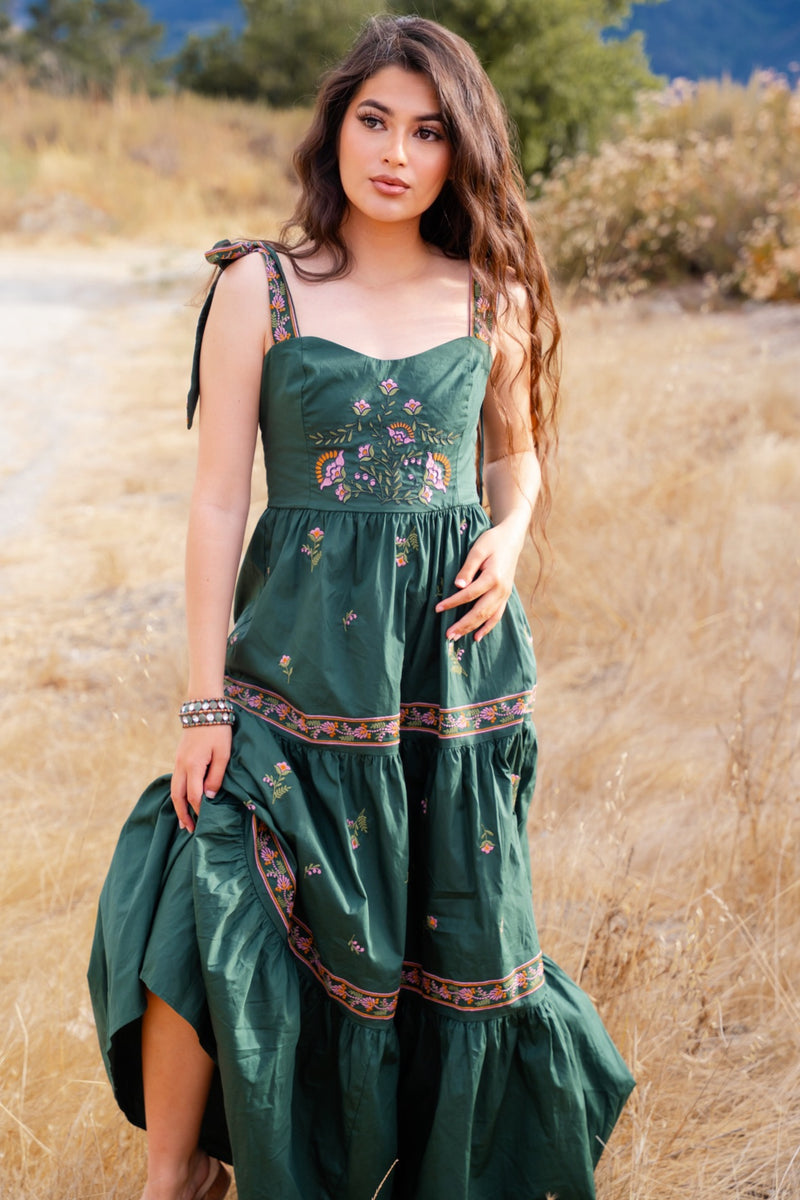 Magic Elixir Embroidered Detail Tie Strap Maxi Dress - Hunter/Multi