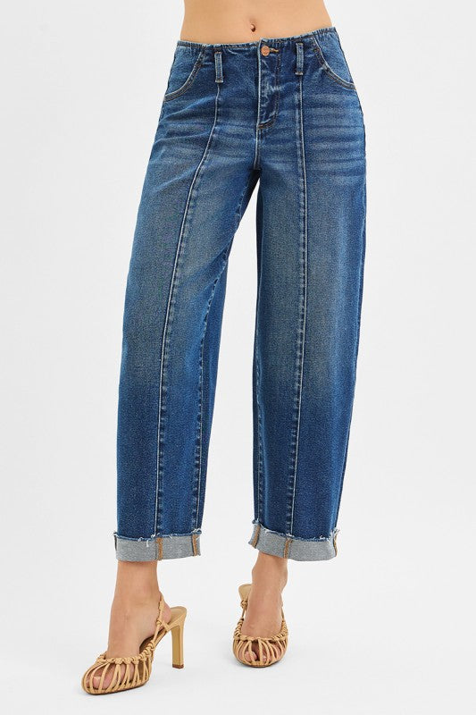 Risen High Rise Crop Bandless Barrel Cuffed Jeans