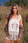 Paradise Peak Tie Shoulder Embroidered Top/Shorts Set - Oatmeal