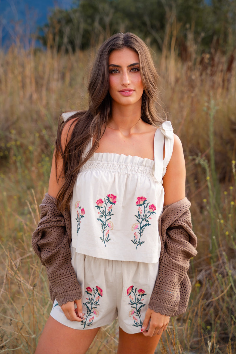 Paradise Peak Tie Shoulder Embroidered Top/Shorts Set - Oatmeal