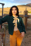 Velvet Sugar Ribbon Bow Detail Textured Cardigan - Emerald/Tan