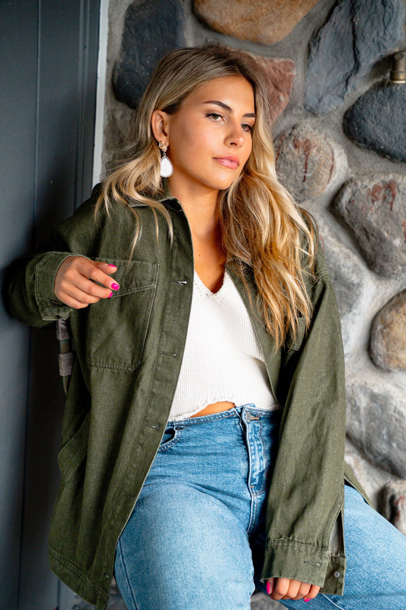 Alpine Drive Oversized Denim Shacket - Olive