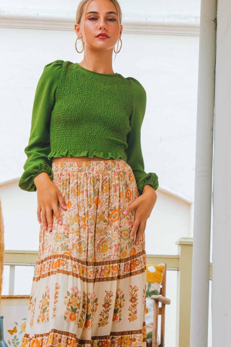 Autumnal Dream Smocked Long Sleeve Backless Top - Green